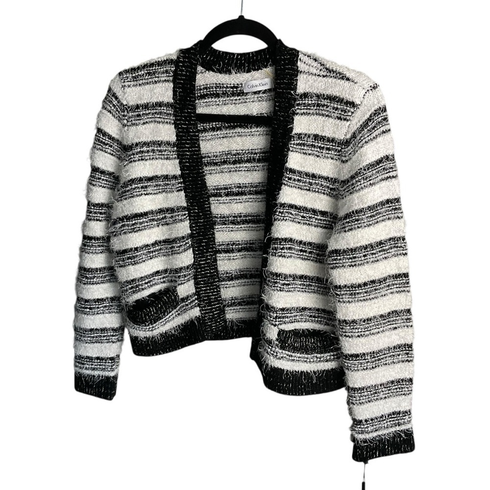 Calvin Klein Black & White Bouclé Striped Open Front Cardigan Sweater – Size S - Picture 3 of 8